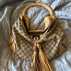 Gucci Beige and Brown Hobo Bag with Tassels